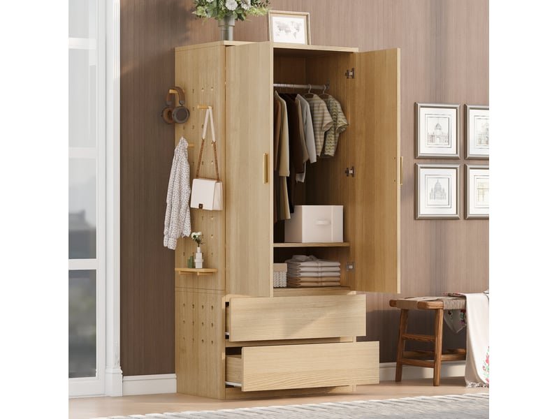  Armoire modenvie de rangement 70 x 50 x 170 cm avec 2 tiroirs et panneau perforé bois clair  - Conforama B