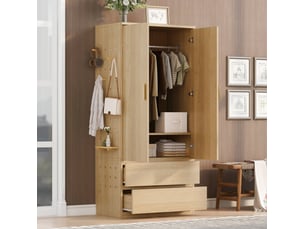 Armoire modenvie de rangement 70 x 50 x 170 cm avec 2 tiroirs et panneau perforé bois clair