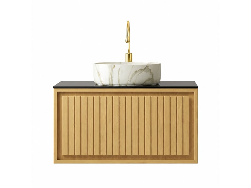 Meuble vasque suspendu 76 cm avec vasque ronde blanche en céramique et plateau noir  - Conforama A
