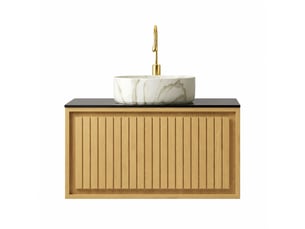 Meuble vasque suspendu 76 cm avec vasque ronde blanche en céramique et plateau noir