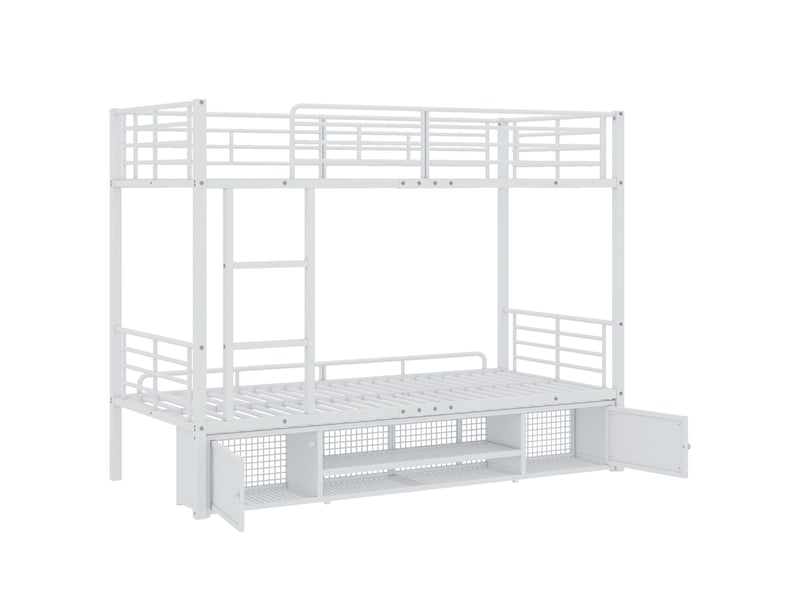  Lit superposé en fer, avec meuble à chaussures ouvert et petit meuble de rangement à double porte, idéal pour enfants et adolescents. Lit enfant avec échelle latérale et barrière de sécurité. En fer blanc, 90 x 200 cm.  - Conforama E