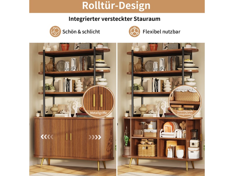  Buffet de cuisine 120x40x183 cm avec portes coulissantes, étagère ouverte à 4 niveaux, pieds en métal doré, bois foncé  - Conforama D