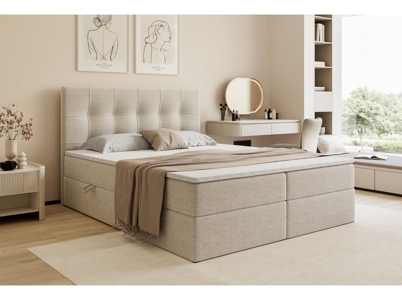 Lit coffre venus - 160x200 cm - avec matelas et surmatelas - tissu tressé - beige clair VENUS - Conforama B