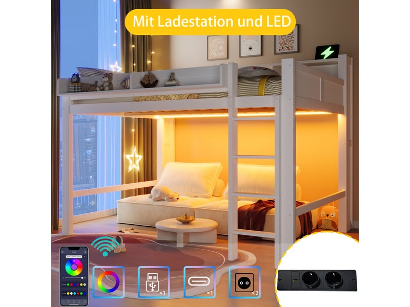  Lit mezzanine en bois 140x200 cm avec bureau et led et usb lit enfant avec rangement et 3 armoires blanc BUYDEEMEUS - Conforama E