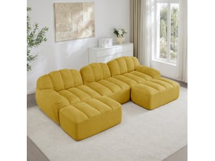 Canapé modulaire u 3 places 288x165x79 cm, granulé, polaire, d, 32, mousse haute densité, 2 poufs, tissu, jaune