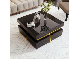 Table basse avec 2 tiroirs, finition haute brillance et accents dorés pour salon, noire, 70 × 70 × 35,5 cm