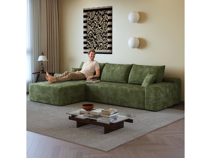  Canapé d'angle modulable vert 3 places avec méridienne en l - 270 cm velours côtelé sans montage  - Conforama W