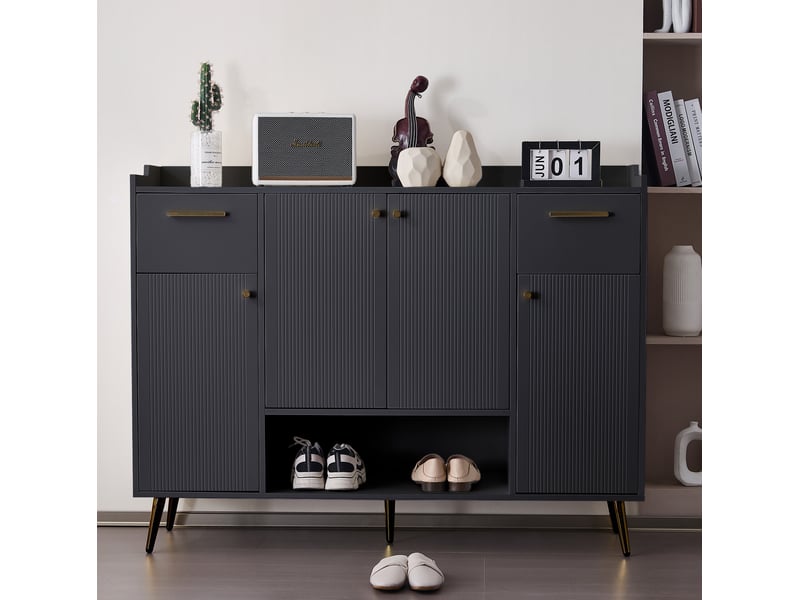  Meuble à chaussures avec 2 tiroirs, 4 portes et niche ouverte, pieds hauts, pour entrée, noir, 130 × 37 × 100 cm  - Conforama C