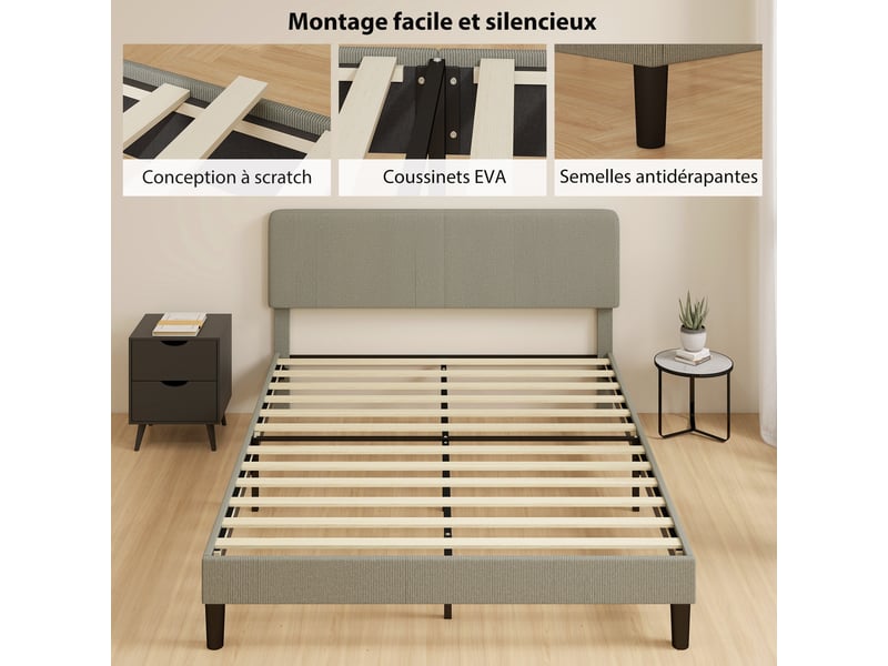  Cadre de lit 160 x 200 cm, sommier à lattes en bois, tête de lit réglable, lit double rembourré en velours côtelé, gris  - Conforama R