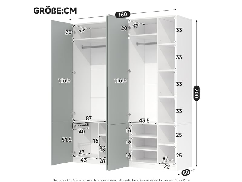  Armoire combinée 160x50x200 cm avec rangement, gris  - Conforama C