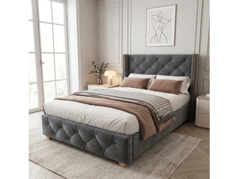  Lit rembourré 90×190 cm avec sommier à lattes et tête de lit, capitonnage à boutons et pieds en bois gris  - Conforama B