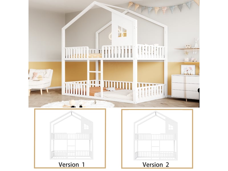 Lit superposé 90 x 200 cm enfant, lit double niveau style cabane avec toit et fenêtres, échelle droite, garde-corps, métal blanc - Conforama E