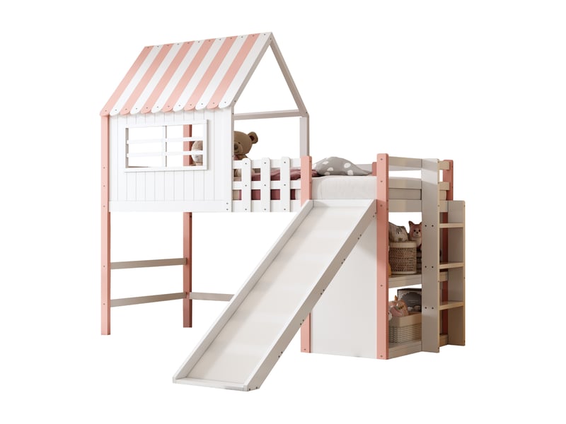 Lit mezzanine enfant 90x200 cm, avec toboggan allongé et échelle, espace rangement, bois, rose et blanc, sans matelas - Conforama A