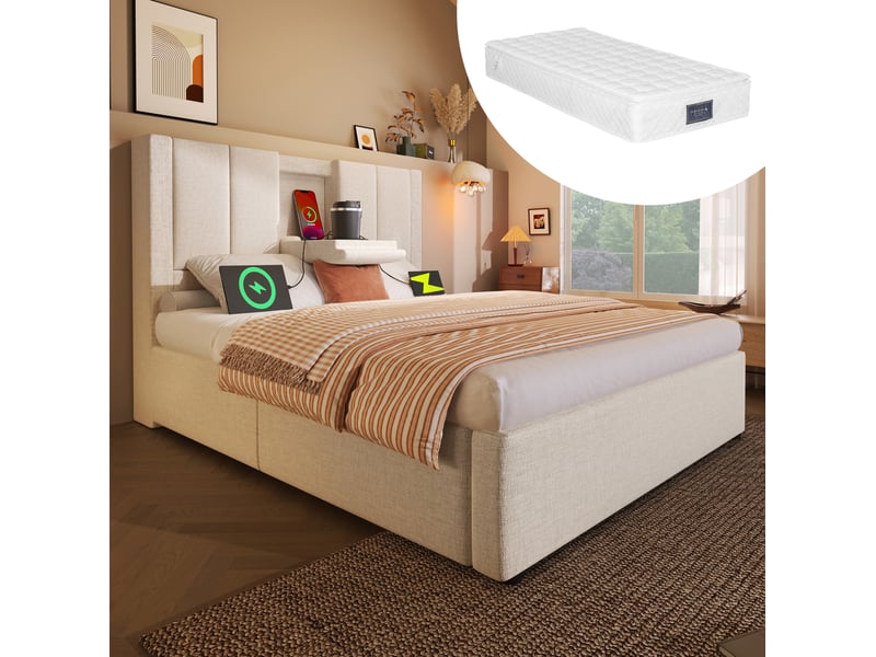 Lit coffre 1 place 90 x 200 cm beige avec matelas, sommier à lattes et station de charge  - Conforama B