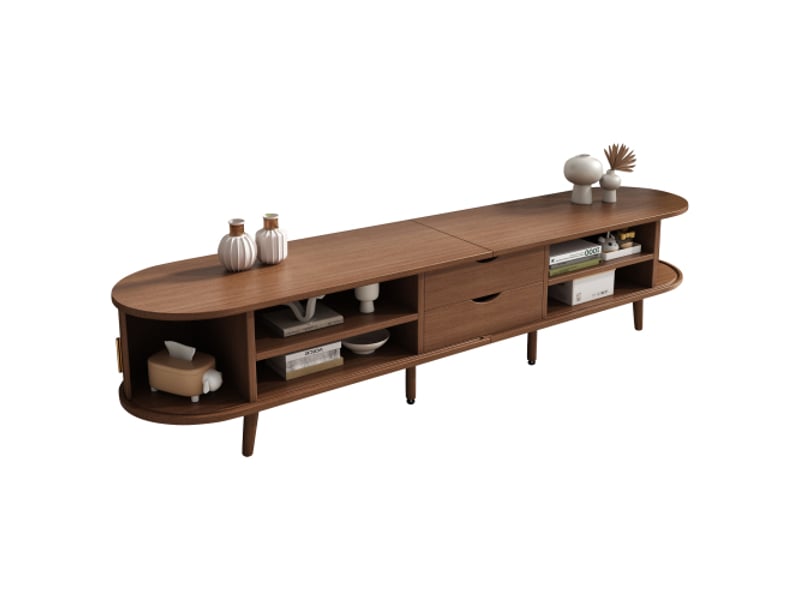  Meuble tv 170x40x42 cm mdf effet bois – 2 tiroirs, plateau rond, portes télescopiques, noyer, compatible 75 pouces  - Conforama A