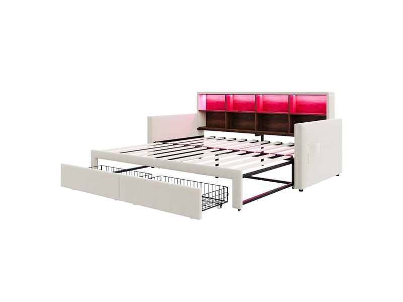  Lit canapé extensible velours beige 90/180x190 cm avec 2 tiroirs, led et usb  - Conforama E