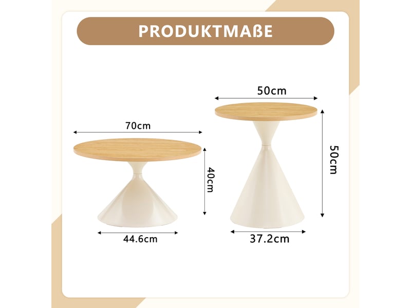  Set 2 tables basses rondes 7050 cm - plateau effet bois, pied acier blanc crème  - Conforama C