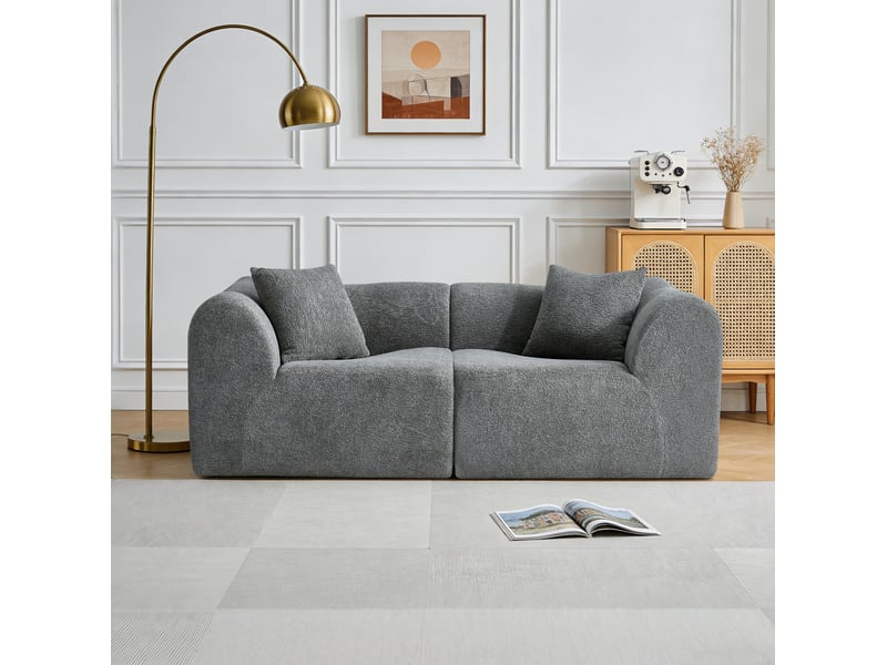 Canapé droit fixe 2 places en velours gris compressé, avec 2 coussins, idéal pour salon ou appartement - Conforama E