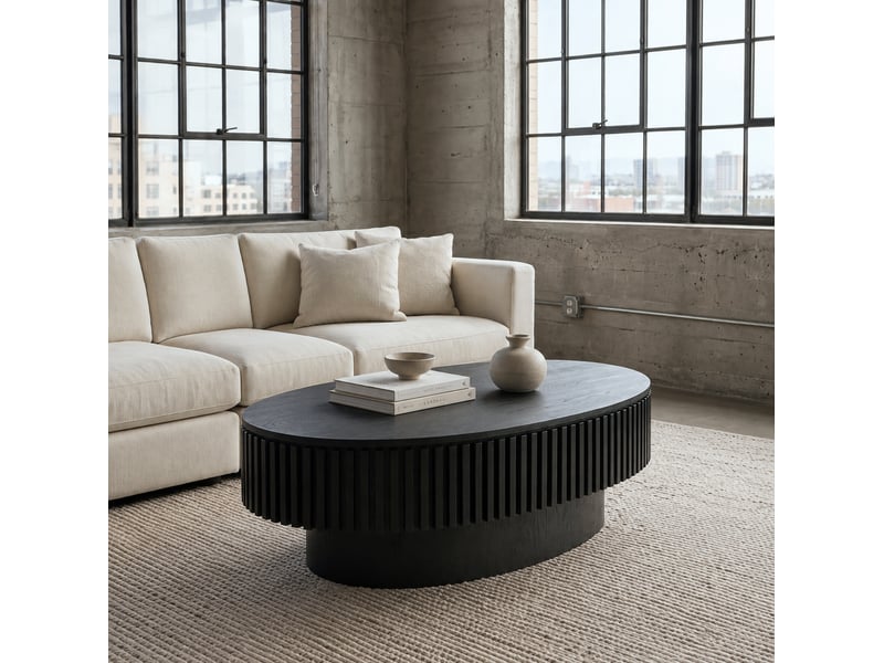  Table basse ovale 98x60x35 cm avec rangement dissimulé mdf et bois noir mat  - Conforama C