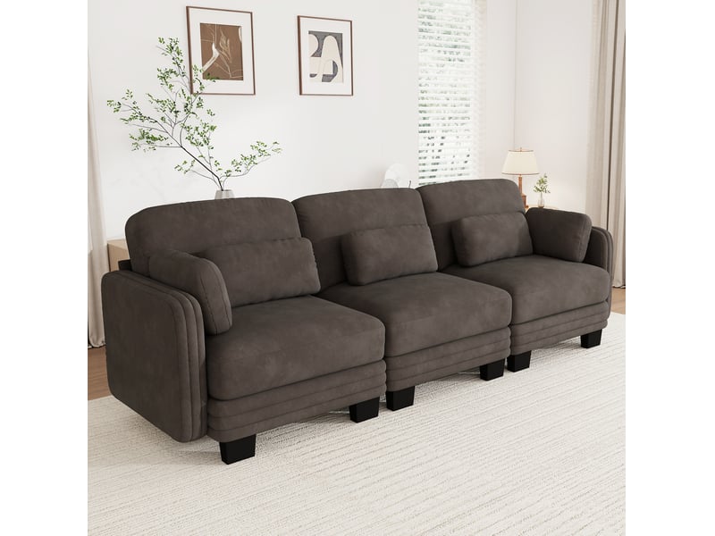 Canapé droit modulable 3 places 253x88x88 cm, coussins de soutien et accoudoirs, chenille, marron - Conforama B