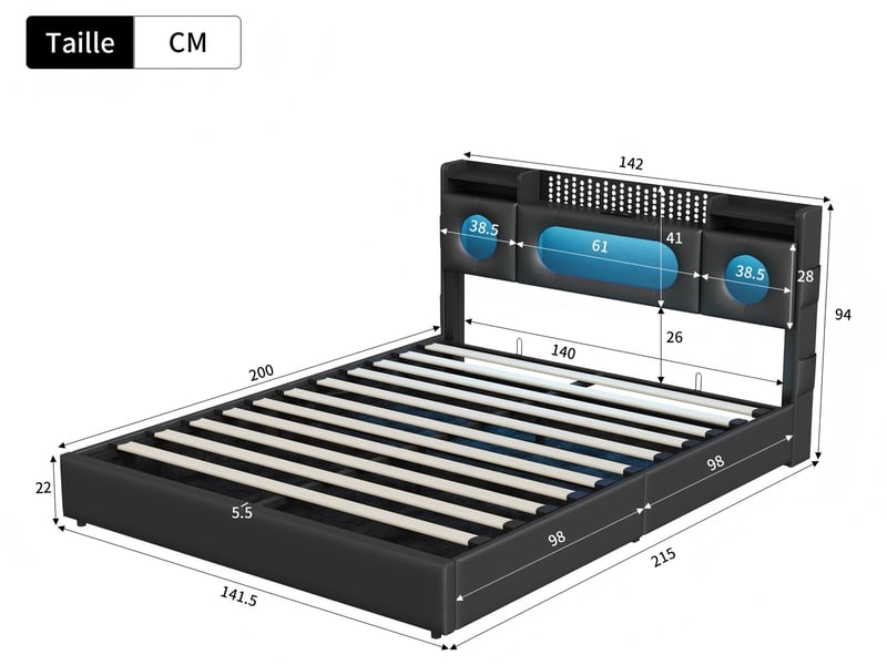 Lit coffre 140x200 cm en tissu effet lin - éclairage led et port usb - tête de lit avec rangement - sommier relevable - Conforama C