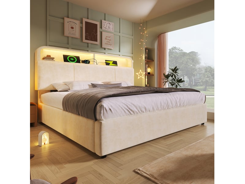 Lit coffre 140 × 200 cm 2 places avec rangement, led, usb et type-c, avec matelas, tête réglable, velours beige - Conforama B