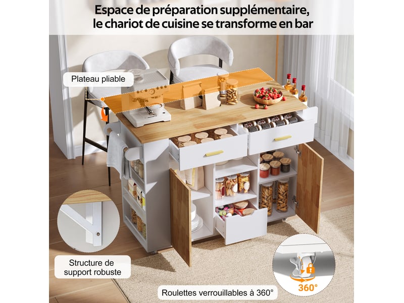  Desserte de cuisine avec plateau rabattable, 3 tiroirs et étagères, roulettes freinées pour cuisine, 120 × 45(71) × 90 cm  - Conforama E