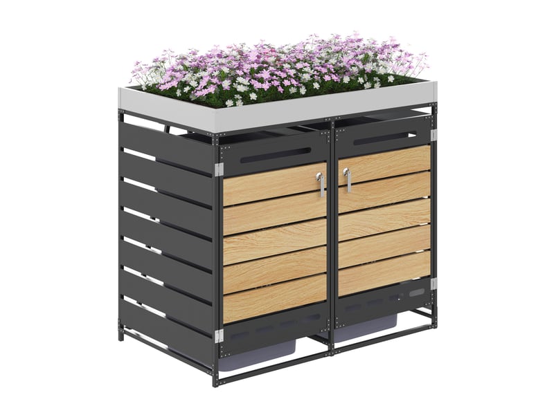 Coffre à poubelles avec bac à plantes - bac à plantes intégré - lattes horizontales aspect bois 131x79x120cm - Conforama E