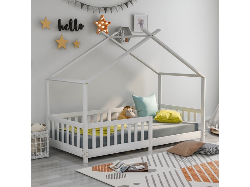  Lit maison enfant 90x200cm en bois massif blanc avec barrière, sommier à lattes et protection  - Conforama E