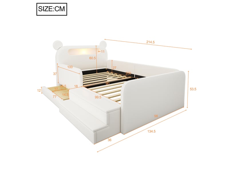  Lit enfant 90x200 cm blanc en similicuir avec tête de lit ours, veilleuse, usb et rangement  - Conforama C