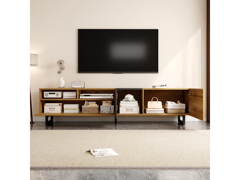  Meuble tv 170 cm avec 3 portes et 2 niches ouvertes, pieds en métal, décor bois et gris foncé  - Conforama E