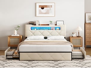 Lit avec rangement 140x190 cm <strong></strong> <strong></strong> coloris beige