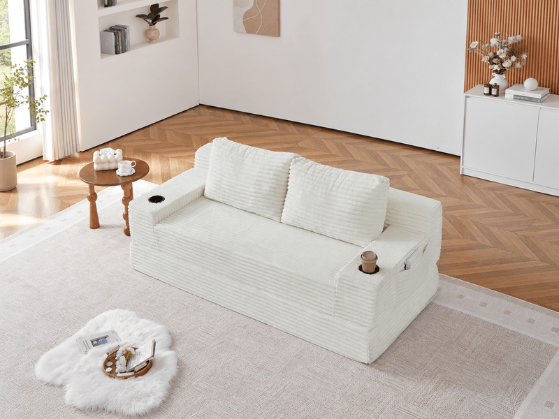 Canapé convertible 2-en-1 180 cm en velours côtelé, 2 places, porte-gobelets, poches latérales, beige, design moderne - Conforama B
