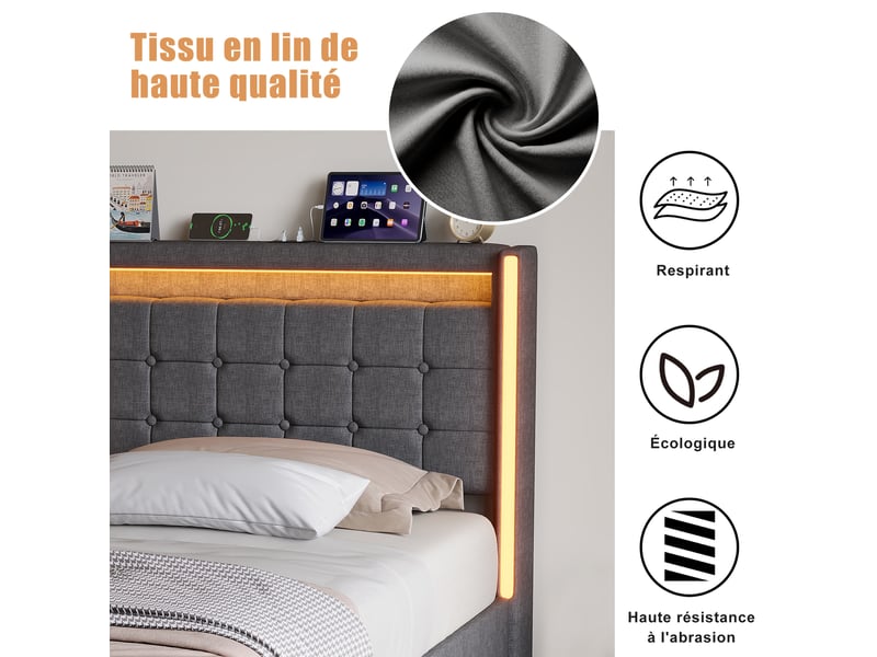 Lit coffre 90x200 avec led et usb, lit 2 place avec rangement hydraulique, lit simple rembourré avec sommier à lattes, sans matelas - Conforama E