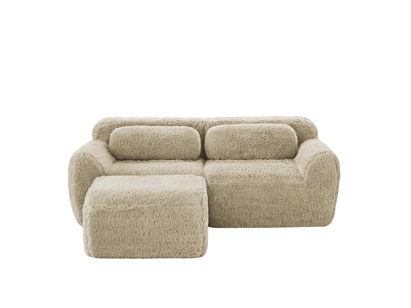  Canapé d'angle modulable 2 places en peluche kaki clair avec pouf  - Conforama A