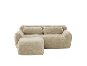 Canapé d'angle modulable 2 places en peluche kaki clair avec pouf