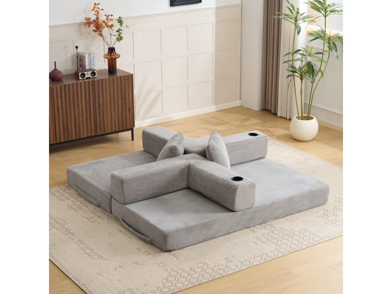  Canapé de sol convertible pliable en velours côtelé, porte-gobelets, poche latérale, sans montage, gris clair  - Conforama D