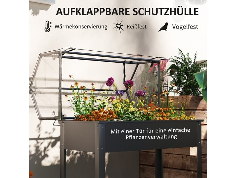  Jardinière surélevée avec serre 100 x 48 x 124 cm – noire – drainage et toit transparent  - Conforama E