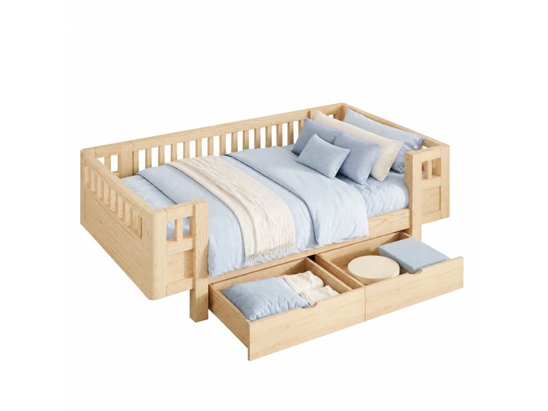  Lit enfant 90x200 cm, bois et mdf, aspect bois, doté de barrière haute et de 2 tiroirs de rangement, sans matelas  - Conforama A