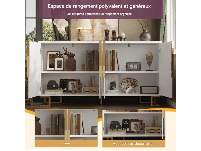  Buffet 2 portes 4 compartiments en mdf pieds en métal 152 x 40 x 75 cm  - Conforama E