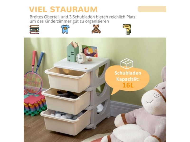  Boîte rangement enfant crème, 3 grands tiroirs en plastique, bords arrondis, 37x37x56,5 cm  - Conforama E