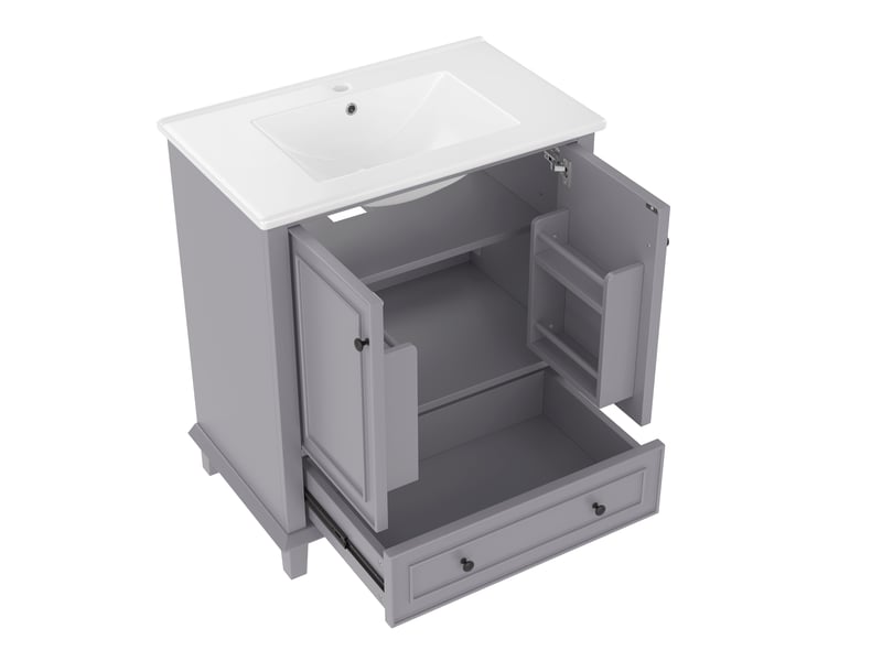  Meuble vasque gris 76 cm avec lavabo céramique intégré et pieds bois massif  - Conforama D