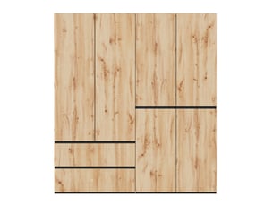 Armoire 6 portes avec 2 penderies et 5 tiroirs, décor bois clair à détails noirs pour chambre, 180 × 50 × 200 cm