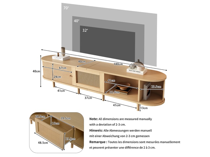 Meuble tv bas 180x40x40 cm en mdf, design arrondi avec porte coulissante rainurée et cannage rotin, tiroir, rangement salon tv 75 pouces - bois naturel - Conforama D