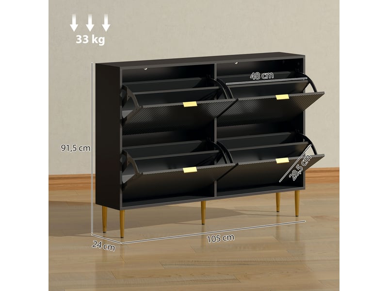 Meuble à chaussures 20 paires avec 4 tiroirs rabattables, portes cannelées et étagères réglables, 105x24x91,5cm, noir - Conforama D