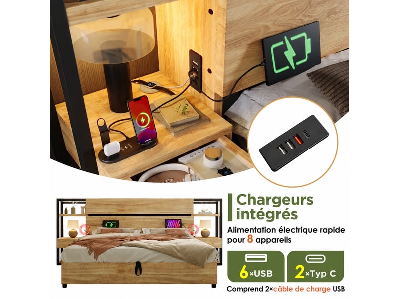  Lit coffre hydraulique avec tiroirs et usb type-c, chêne et noir, 160 x 200 cm  - Conforama E