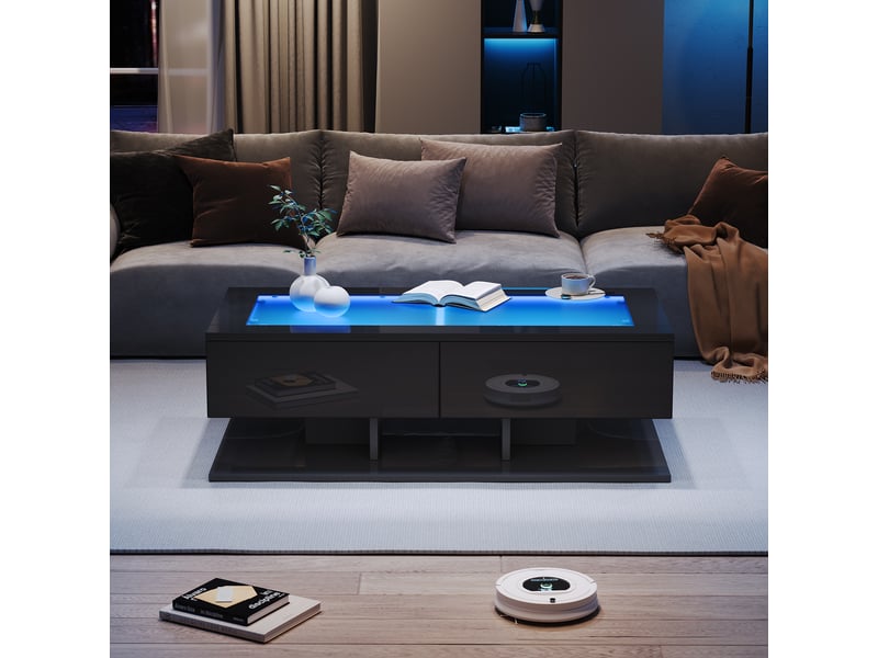  Table basse noire brillante avec tiroirs, table basse led verre trempé 100x50x35cm pour salon moderne  - Conforama C