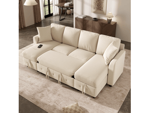 Canapé d'angle panoramique convertible <strong>MODENVIE</strong> <strong></strong> 4 places Tissu beige avec coffre de rangement