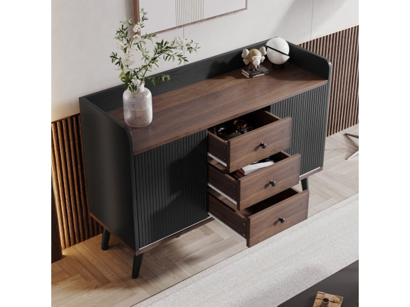  Enfilade bois moderne avec 3 tiroirs et rayonnages, veinage raffiné, h80 x l117,5 x p40 cm  - Conforama B