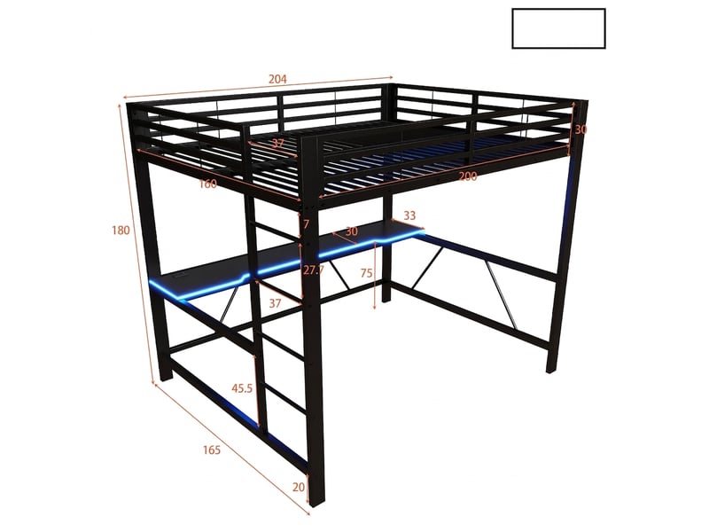  Lit mezzanine gaming 160x200 métal avec bureau intégré, led et port usb, noir  - Conforama E